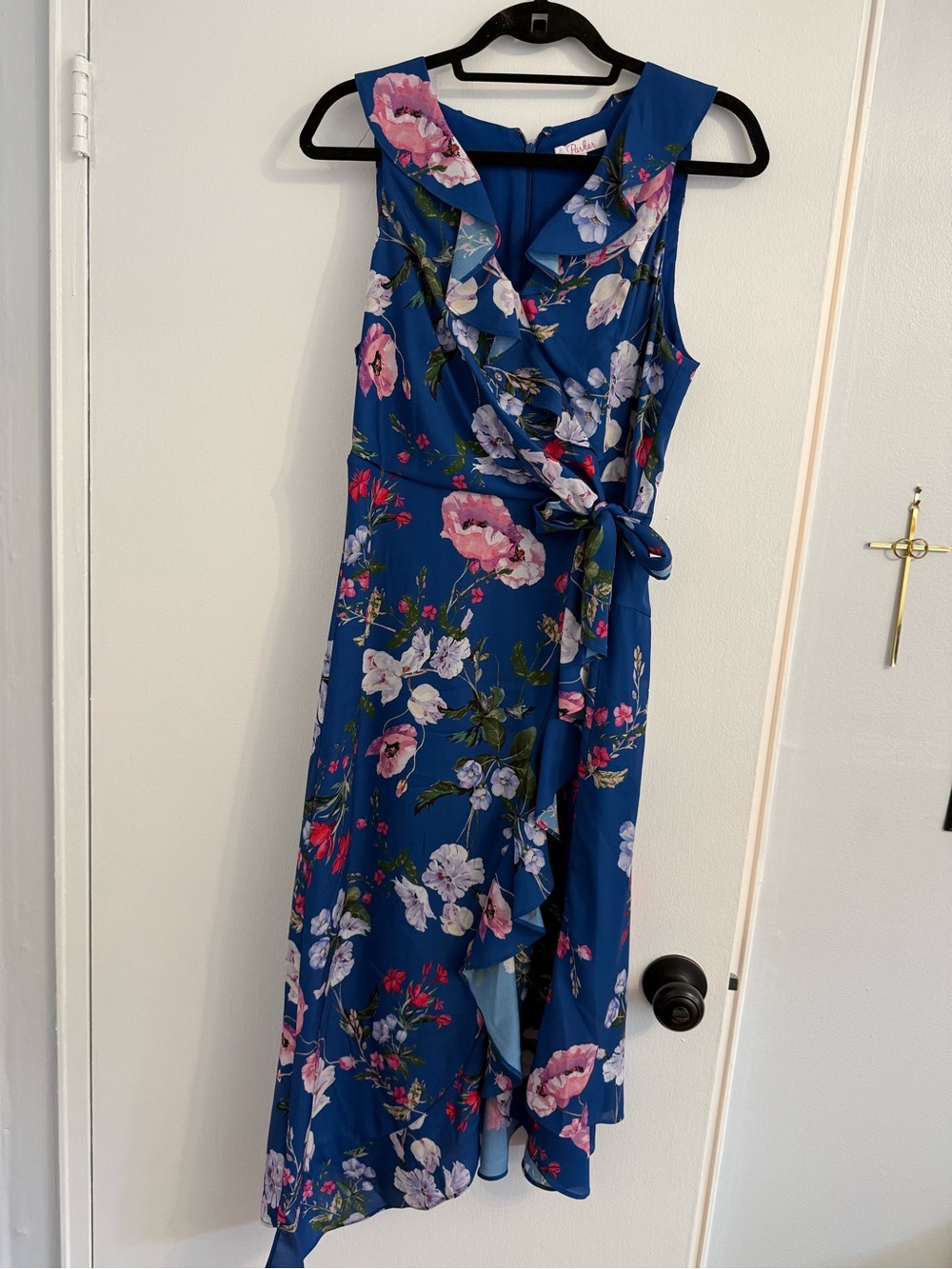 Parker Royal Blue Floral Wrap Midi Dress with Pink Accents